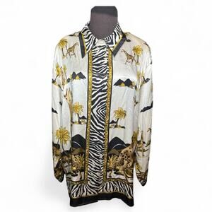 Y2K Silk Oversized Animal Print Zebra Giraffe Tunic Top Womens Size L Old Money